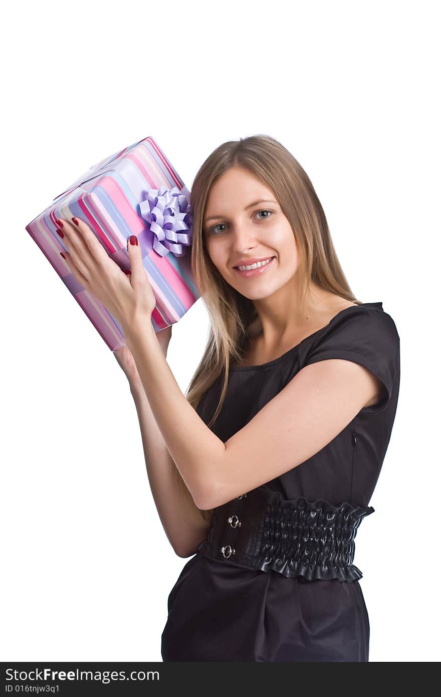 Girl with gift box on white background. Girl with gift box on white background