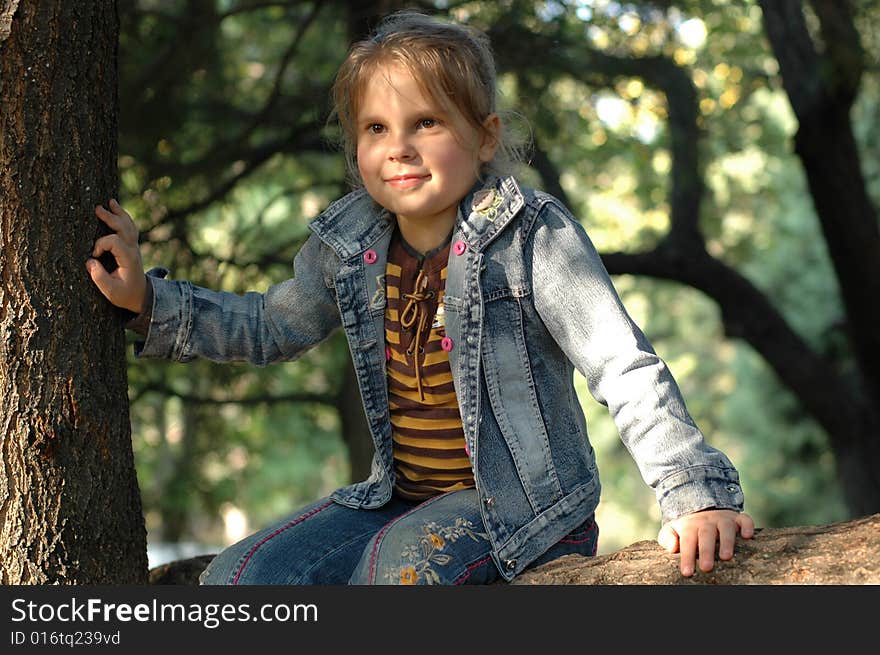 Little girl sitting on the tree. Little girl sitting on the tree