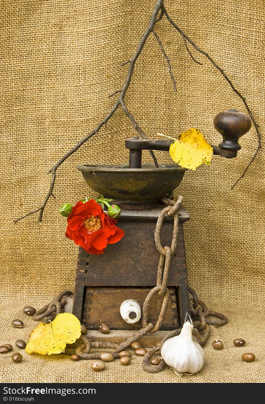 A Coffee Mill With Beans Garlic And A Rose