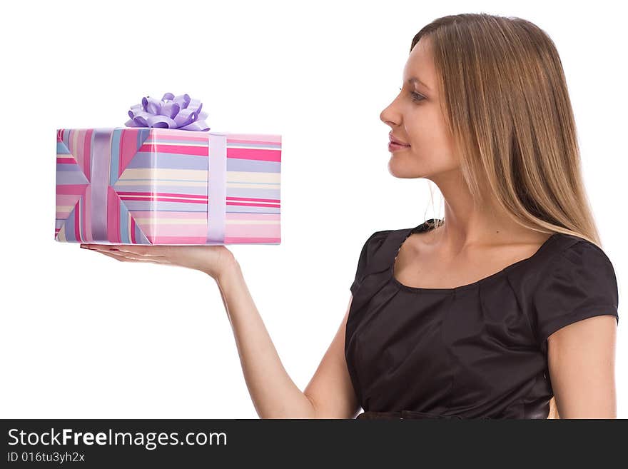 Girl with gift box on white background. Girl with gift box on white background