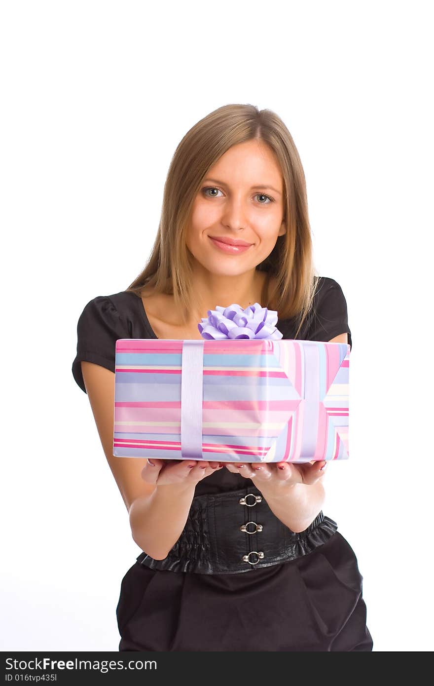 Girl with gift box on white background. Girl with gift box on white background