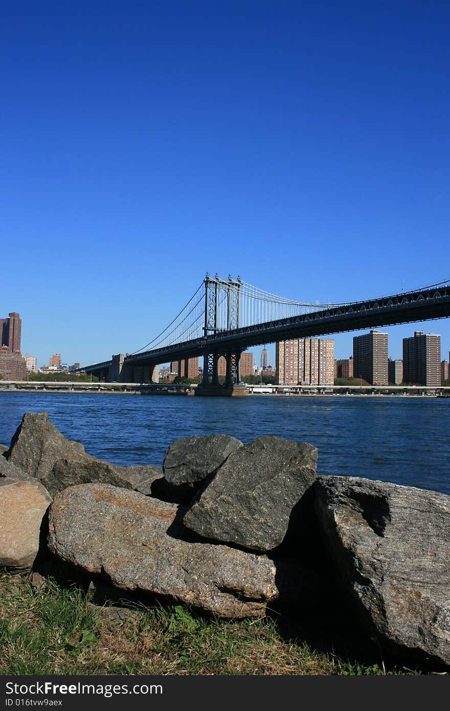 Manhattan Bridge and East River as seen from Brooklyn. Manhattan Bridge and East River as seen from Brooklyn.