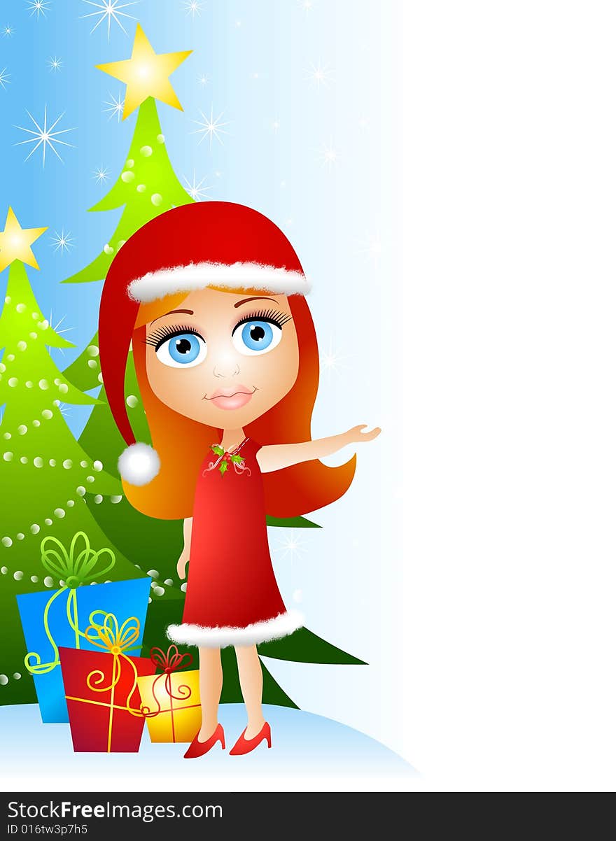 An illustration featuring a doll-like little girl standing beside Christmas tree and gifts with arm outstretched as if pointing at something - which would be your content!. An illustration featuring a doll-like little girl standing beside Christmas tree and gifts with arm outstretched as if pointing at something - which would be your content!