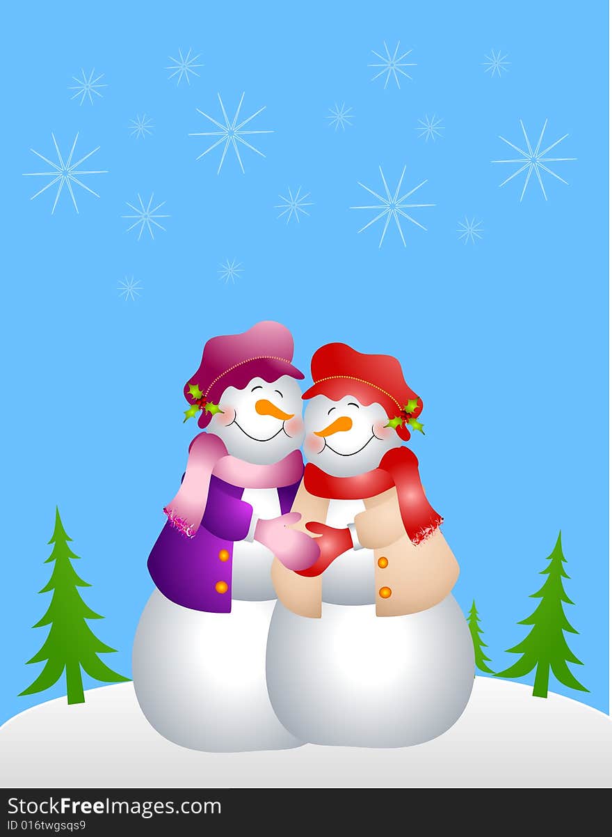 An illustration featuring a couple of lesbian snow women hugging in the snow set against blue background. An illustration featuring a couple of lesbian snow women hugging in the snow set against blue background