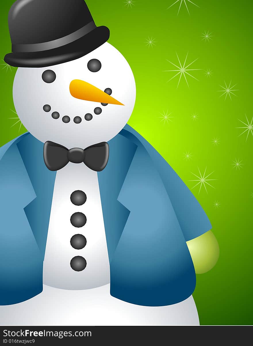 An illustration featuring a smiling snowman in hat and coat set against dark green background. An illustration featuring a smiling snowman in hat and coat set against dark green background