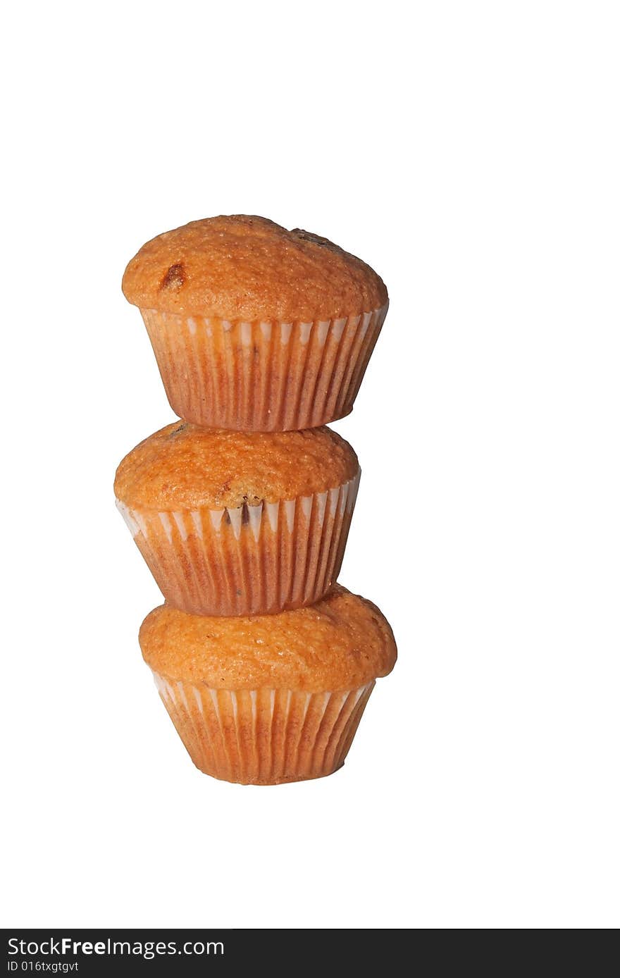 Stack of three muffins isolated on white. Stack of three muffins isolated on white