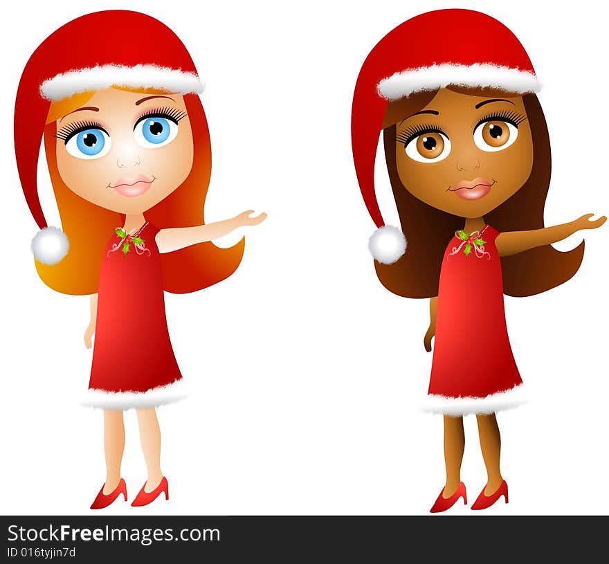 A clip art illustration featuring your choice of cute doll-faced girls wearing Christmas clothes. A clip art illustration featuring your choice of cute doll-faced girls wearing Christmas clothes