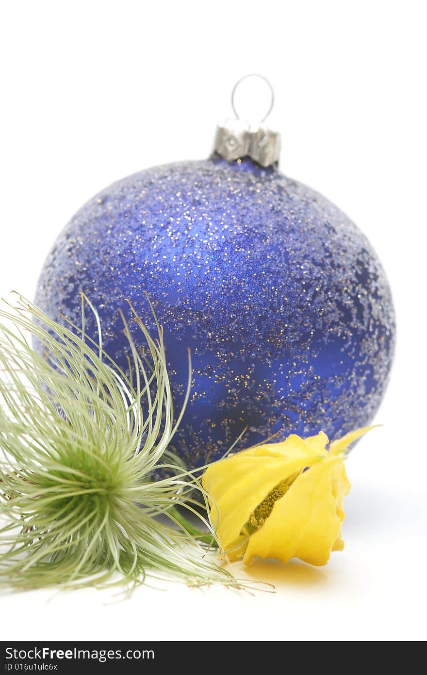 Christmas blue ball with flovers on white background. Christmas blue ball with flovers on white background.