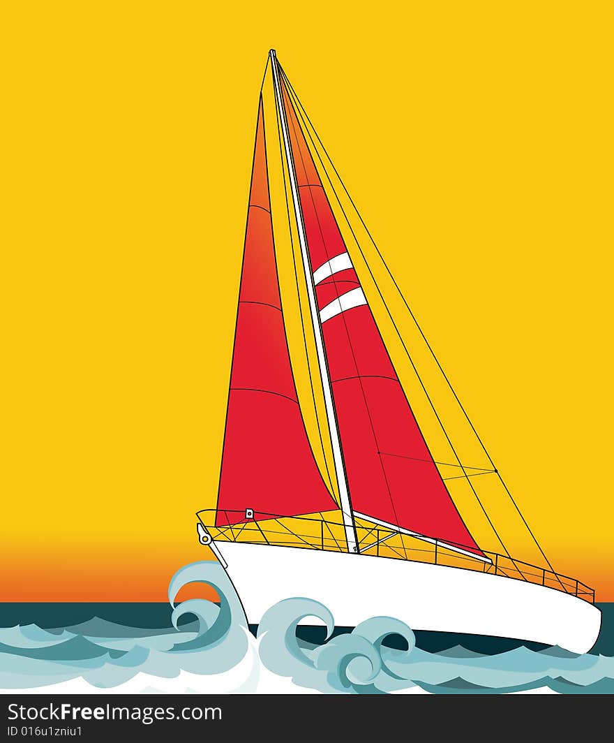 Coloured illustration of a sailing boat. Coloured illustration of a sailing boat