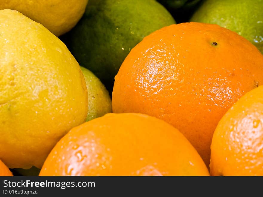 Lemon lime orange fruit set close up and water drops in the set. Lemon lime orange fruit set close up and water drops in the set