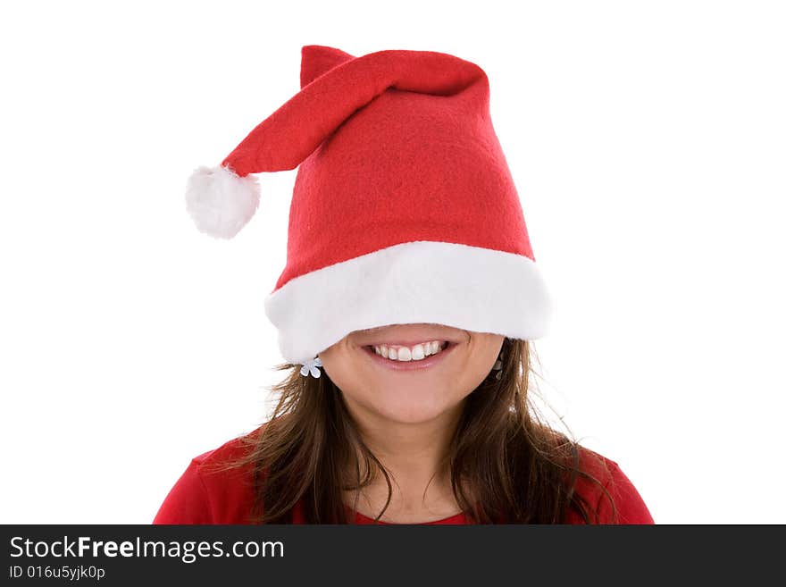 Young santa woman with red hat isolated on white background