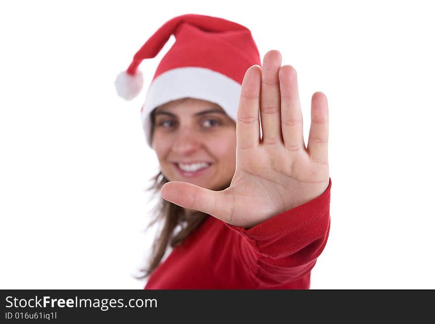 Beautiful santa woman in red costume showing hand isolated on white background