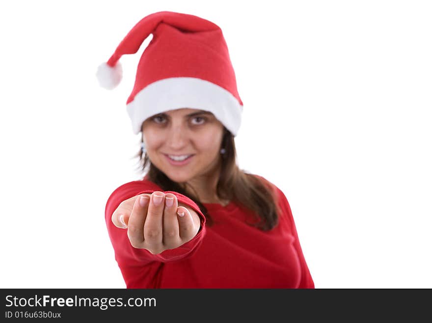 Beautiful young santa woman with her hand in holding position. Beautiful young santa woman with her hand in holding position