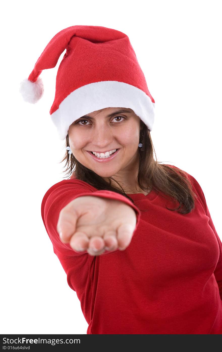 Young santa woman in red costume with hand in holding position isolated on white background. Young santa woman in red costume with hand in holding position isolated on white background