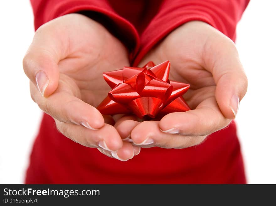 Young Woman Holding Red Ribbon With Both Hands