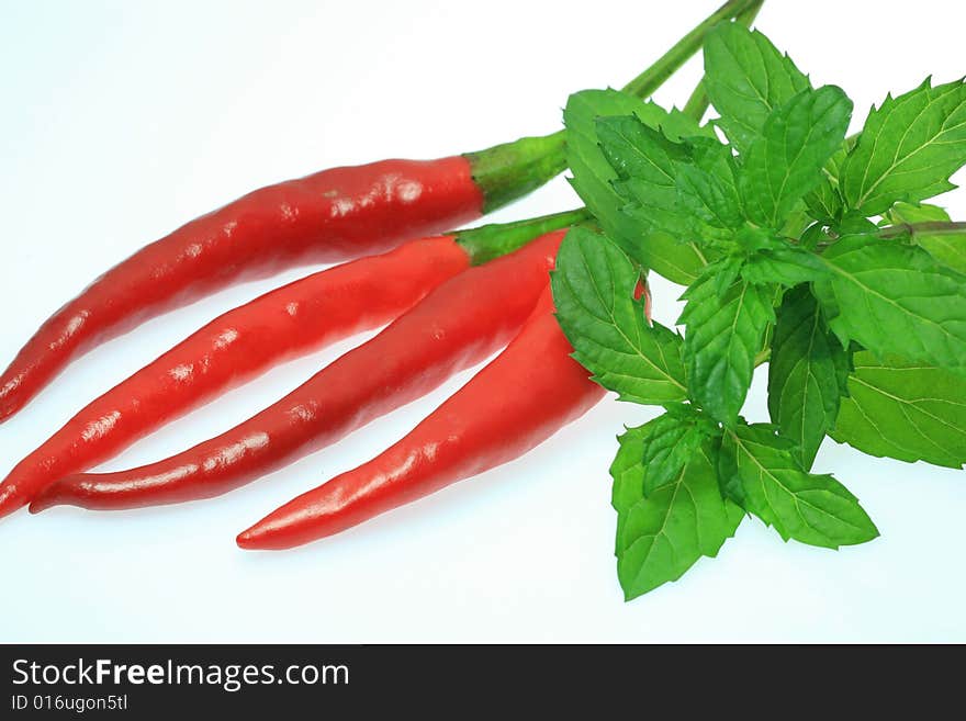 Red Chili Green Mint Isolation on White Background