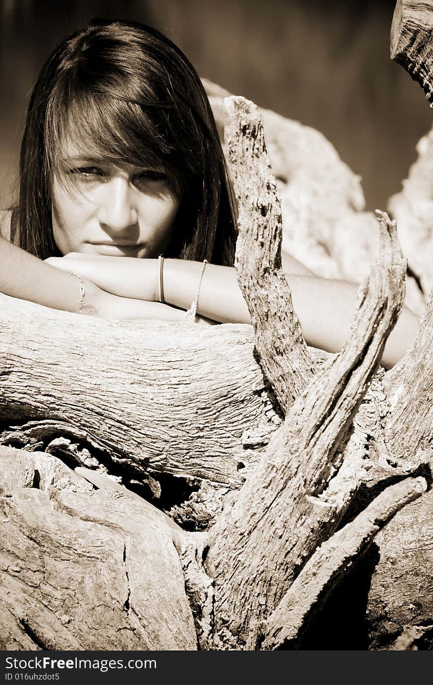 Young girl behind old tree trunk. Young girl behind old tree trunk.