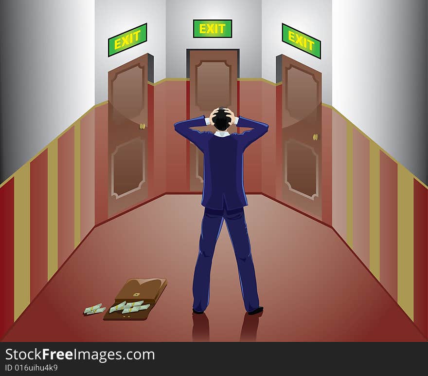 Businessman standing in the room and holding his head, eps vector illustration. Businessman standing in the room and holding his head, eps vector illustration