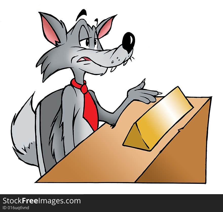 Cartoon illustration of a wolf at a desk. Cartoon illustration of a wolf at a desk