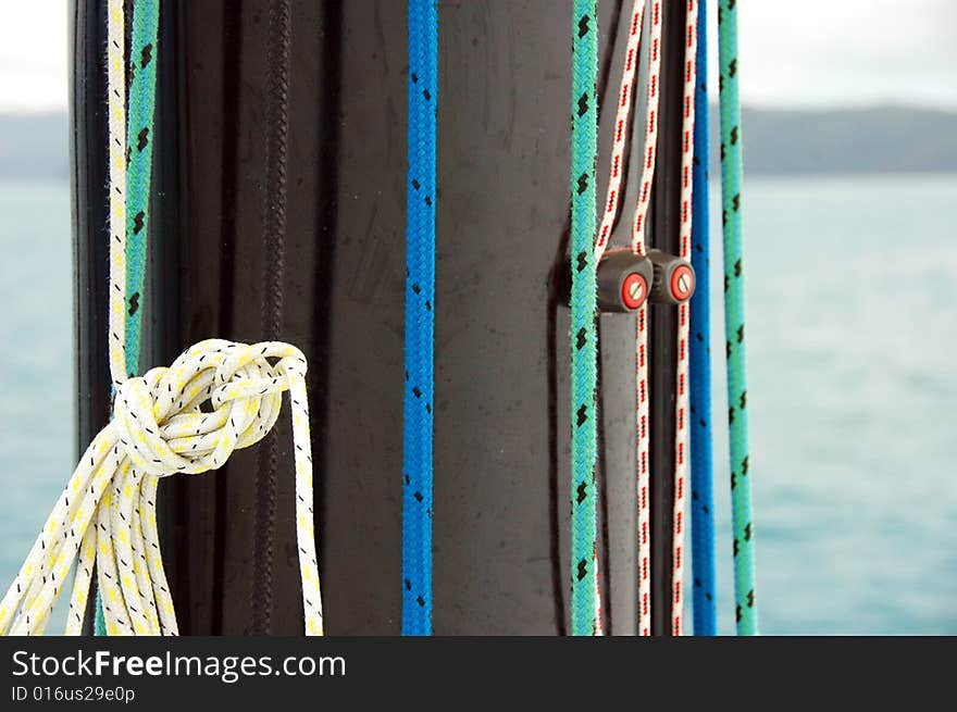 A shot of ropes on a mast. A shot of ropes on a mast