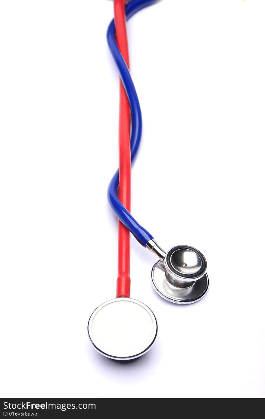 Red and blue stethoscopes isolated in white background