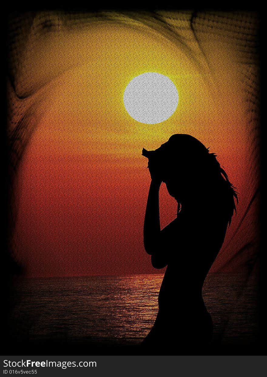 A wonderful background of a sunset and a silhouette of a woman. A wonderful background of a sunset and a silhouette of a woman