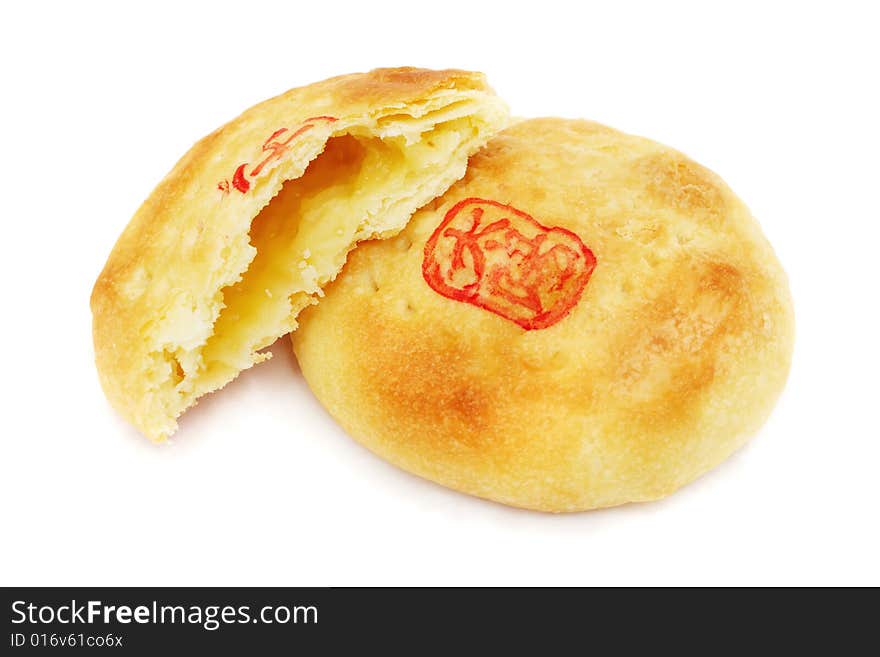 Close up of Chinese cream pastry isolated on white background.