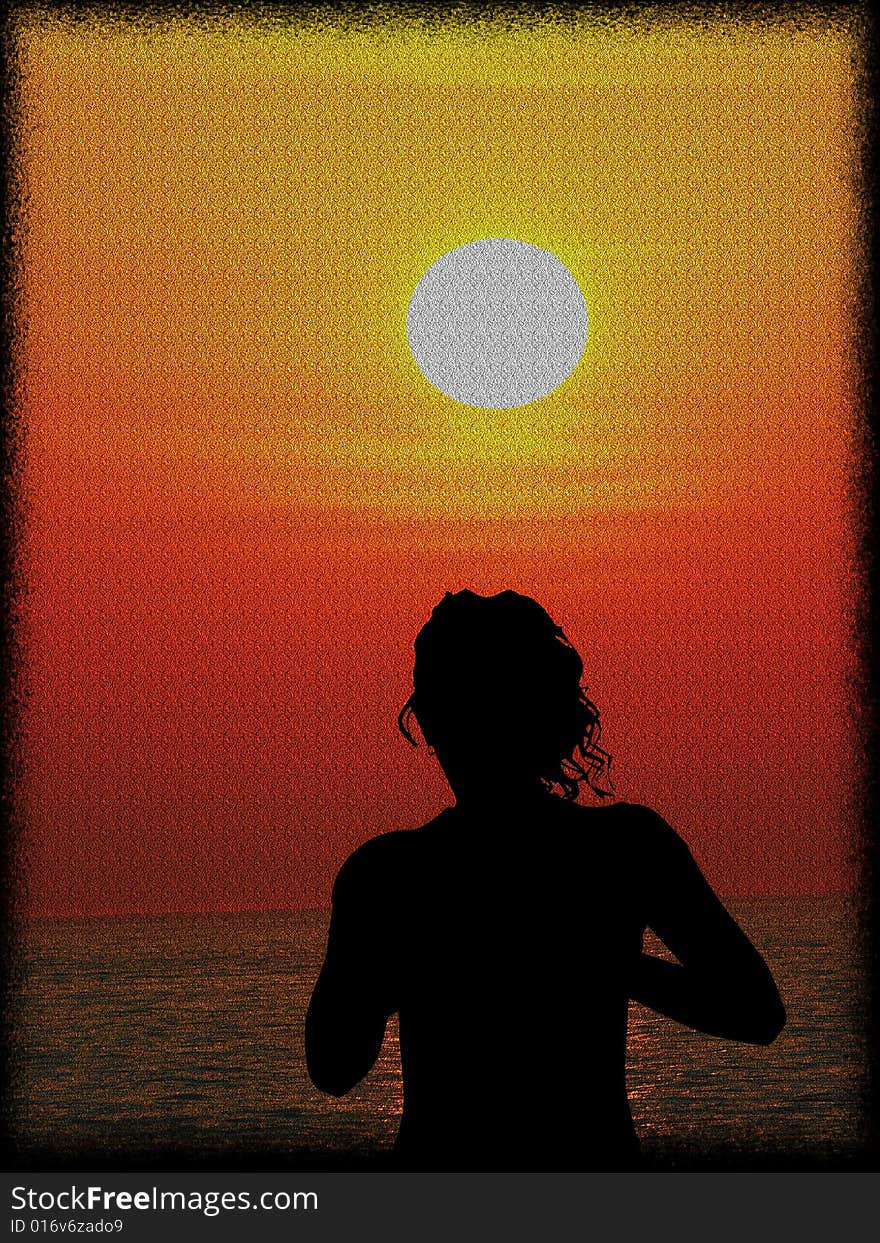 A wonderful illustration with a sunset on th sea and a silhouette of a pretty woman. A wonderful illustration with a sunset on th sea and a silhouette of a pretty woman