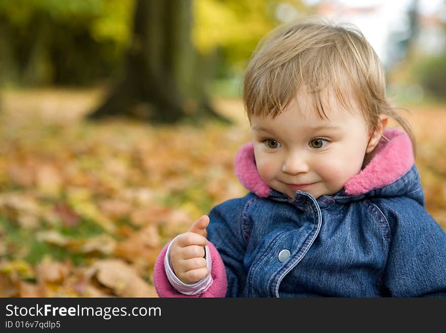 Happy baby girl playing in park with leaves. Happy baby girl playing in park with leaves