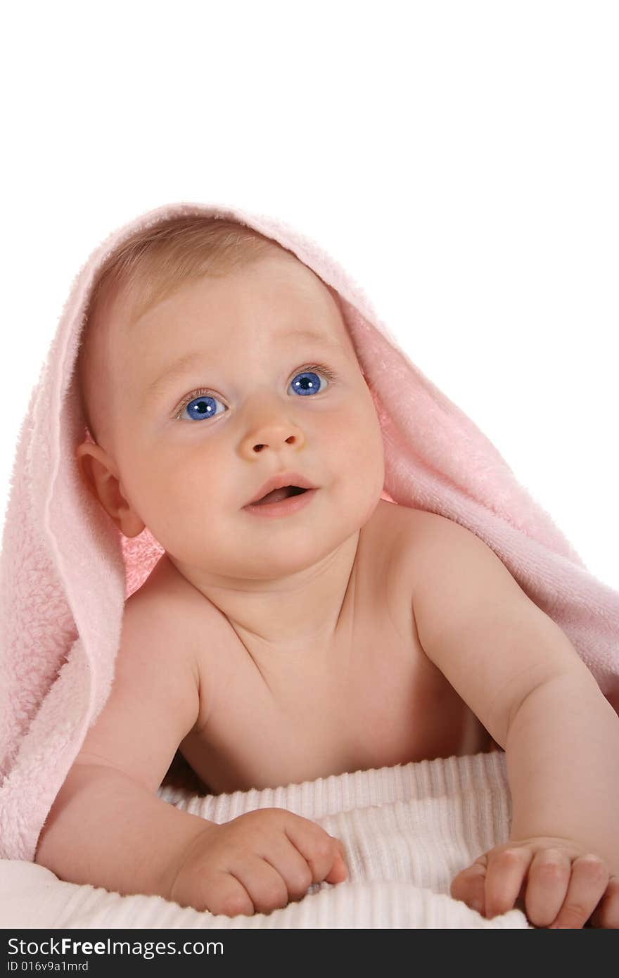 Happy child with  towel on  head, isolated on white background