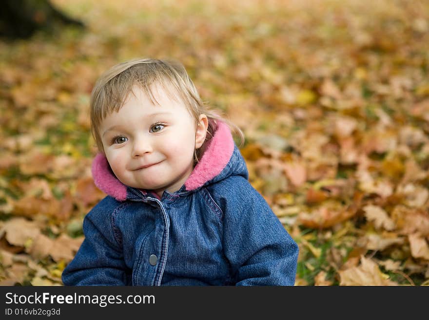 Happy baby girl playing in park with leaves. Happy baby girl playing in park with leaves