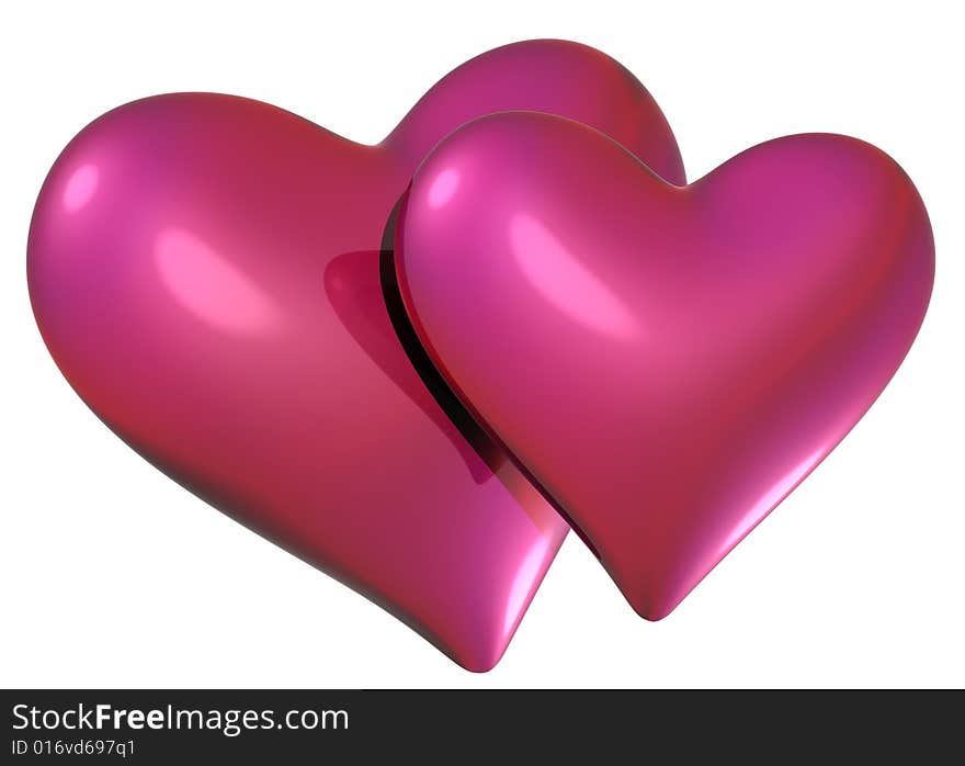 Two red pink metal hearts - love sign icon. Two red pink metal hearts - love sign icon