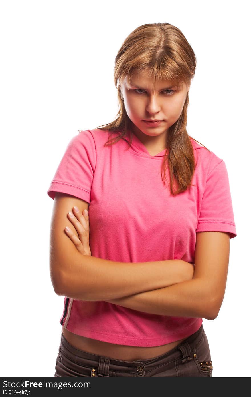 Angry young female, looking frowningly, isolated