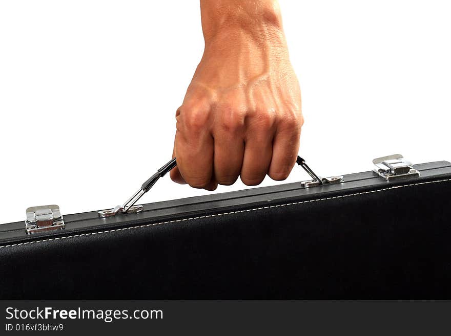 Hand with a black suitcase. Isolated on white