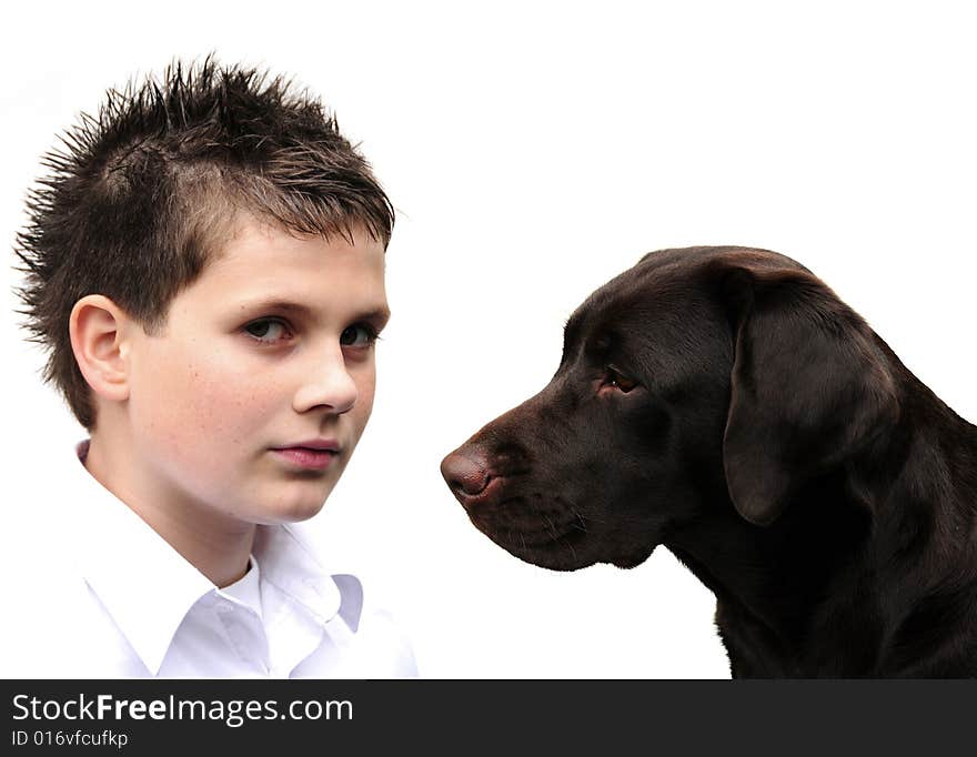 Head shot of a teenage boy and his labrador dog. Head shot of a teenage boy and his labrador dog