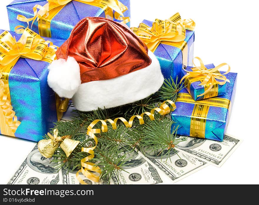 Santa s red hat, gift boxes and money