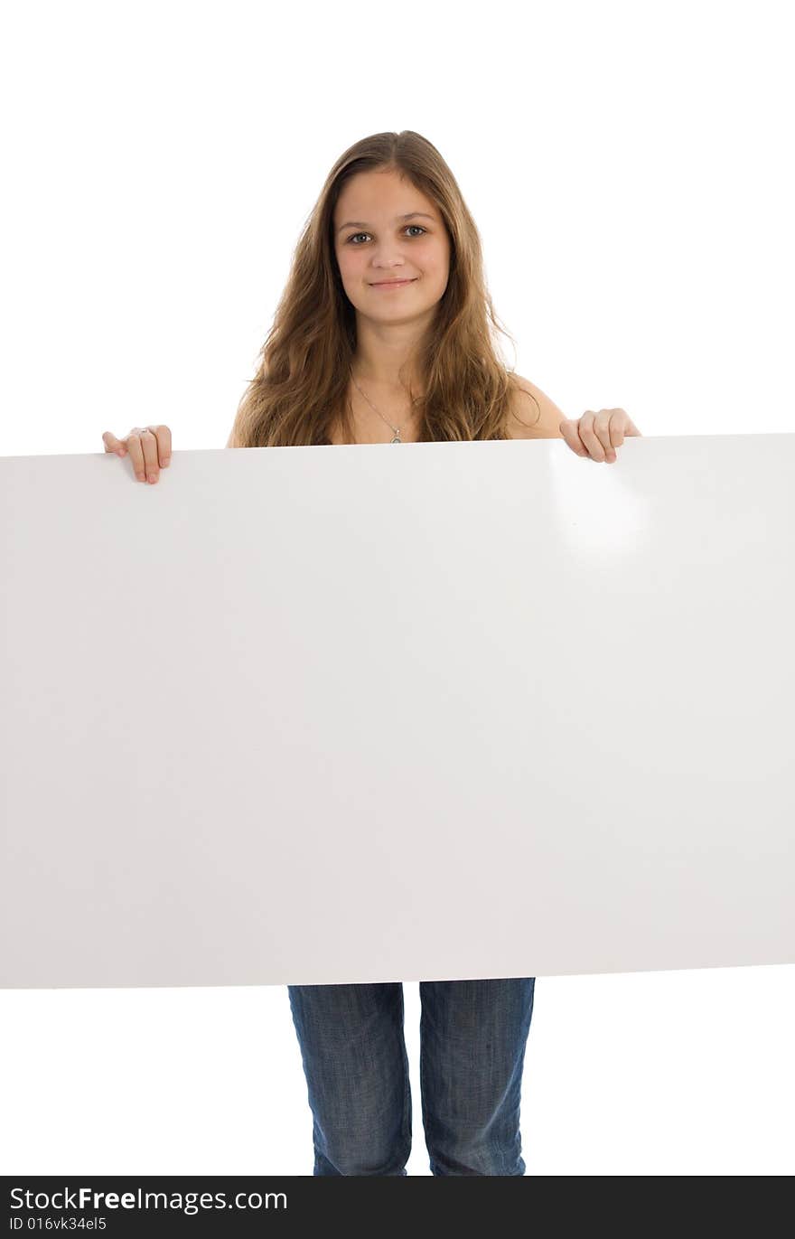 Young girl holding a white banner over a white background