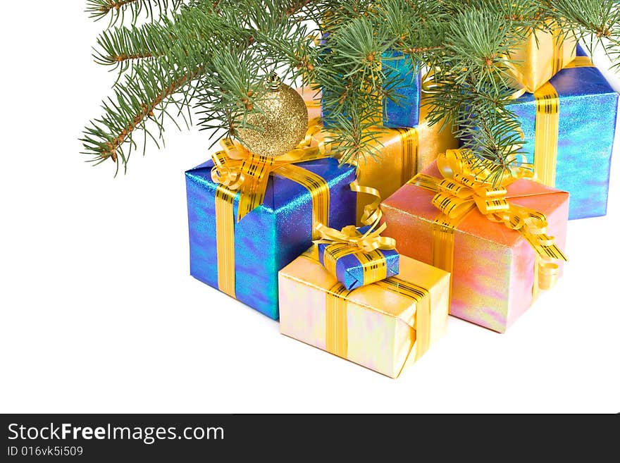 Various gift boxes and fur-tree branch on a white background