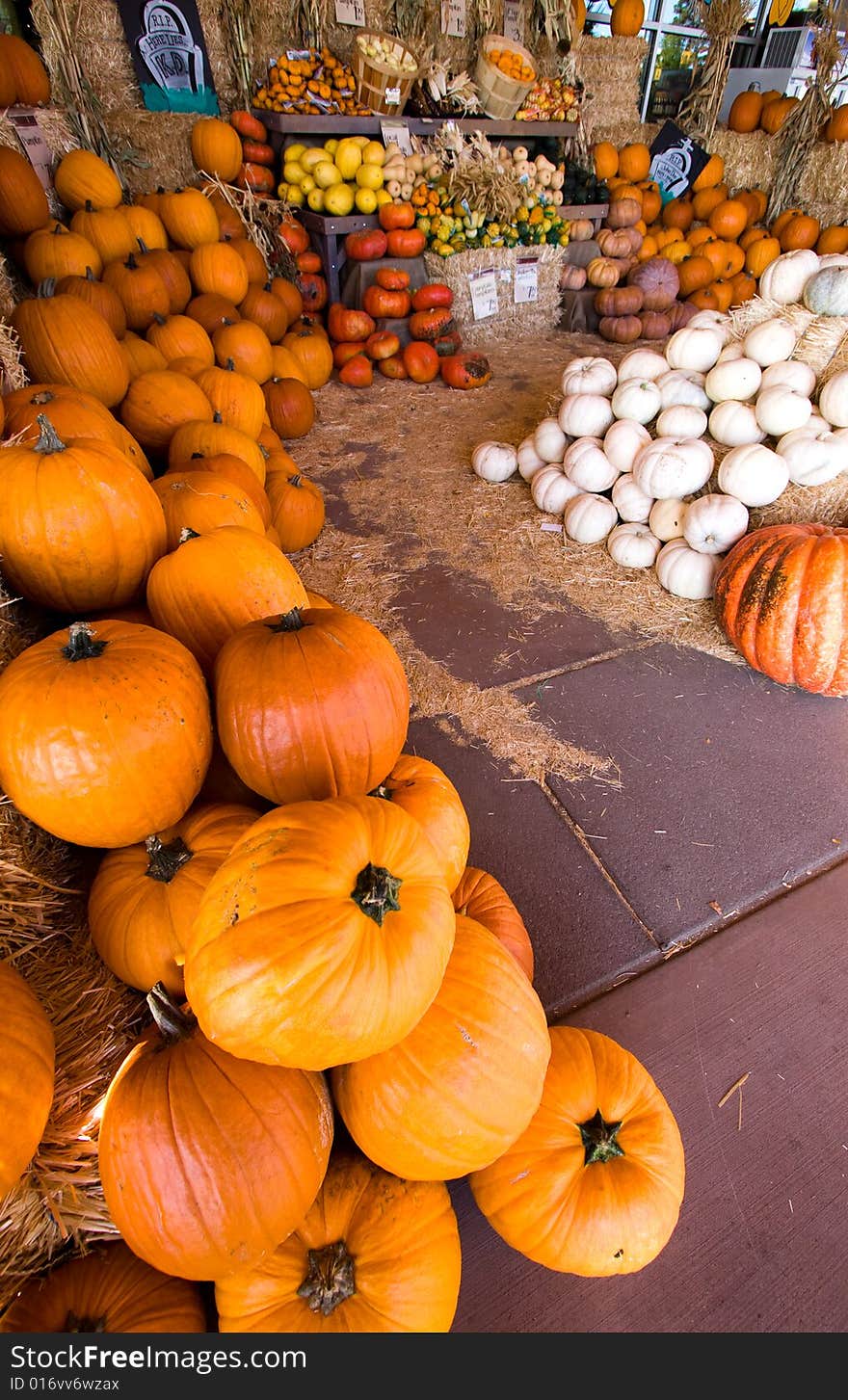 Display of fall vegetables on straw bales. Display of fall vegetables on straw bales