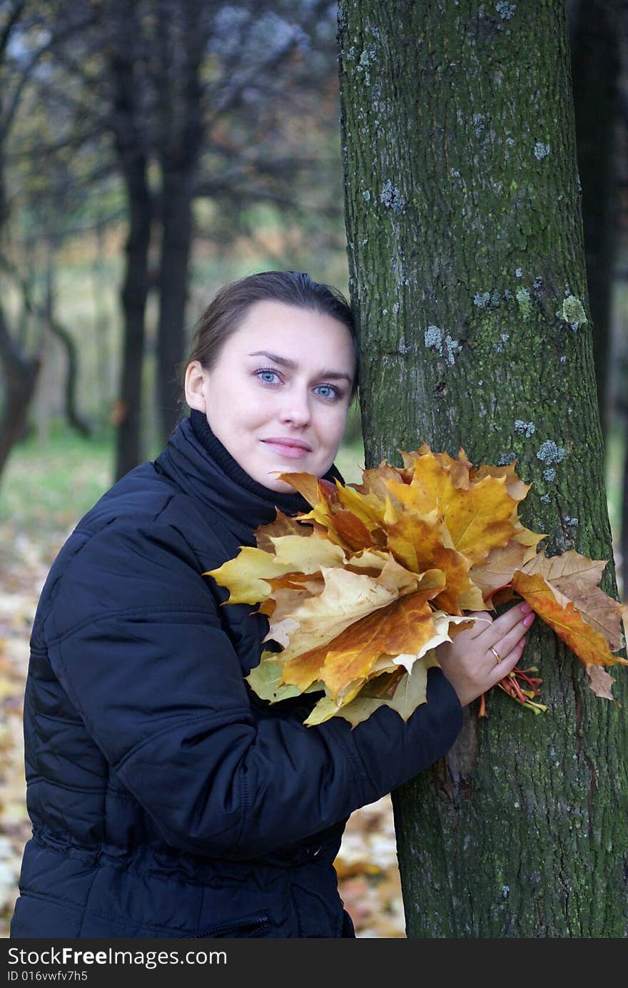 A girl holding autumn leaves. A girl holding autumn leaves