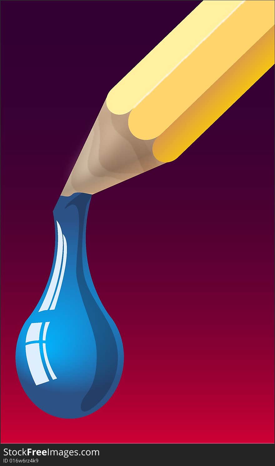 Vector illustration: a blue tempera drop falling from a pencil. Vector illustration: a blue tempera drop falling from a pencil