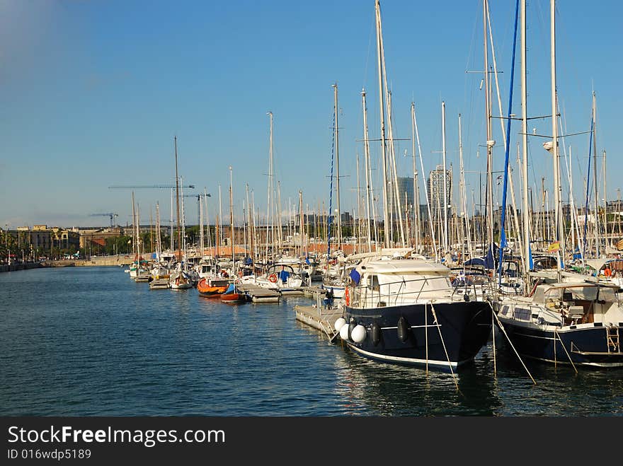 Yachts, facing the harbor in Barcelona, Spain