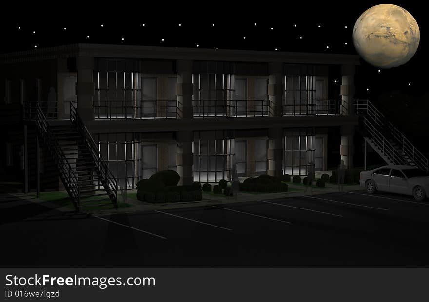 3d rendering of two story retail center at night