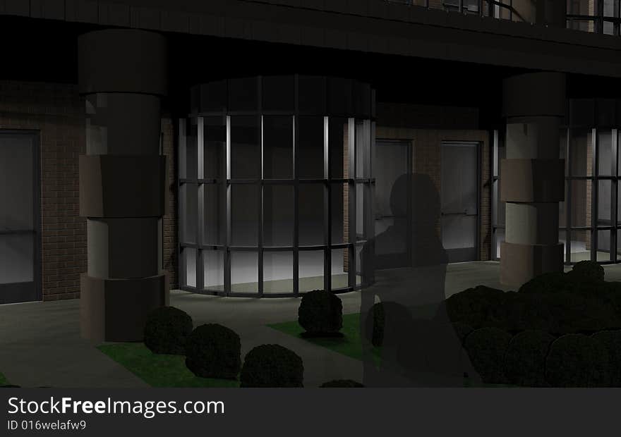 3d rendering of two story retail center at night