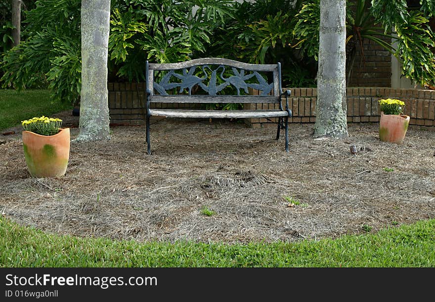 Photo of a Park bench under two palm trees. Photo of a Park bench under two palm trees