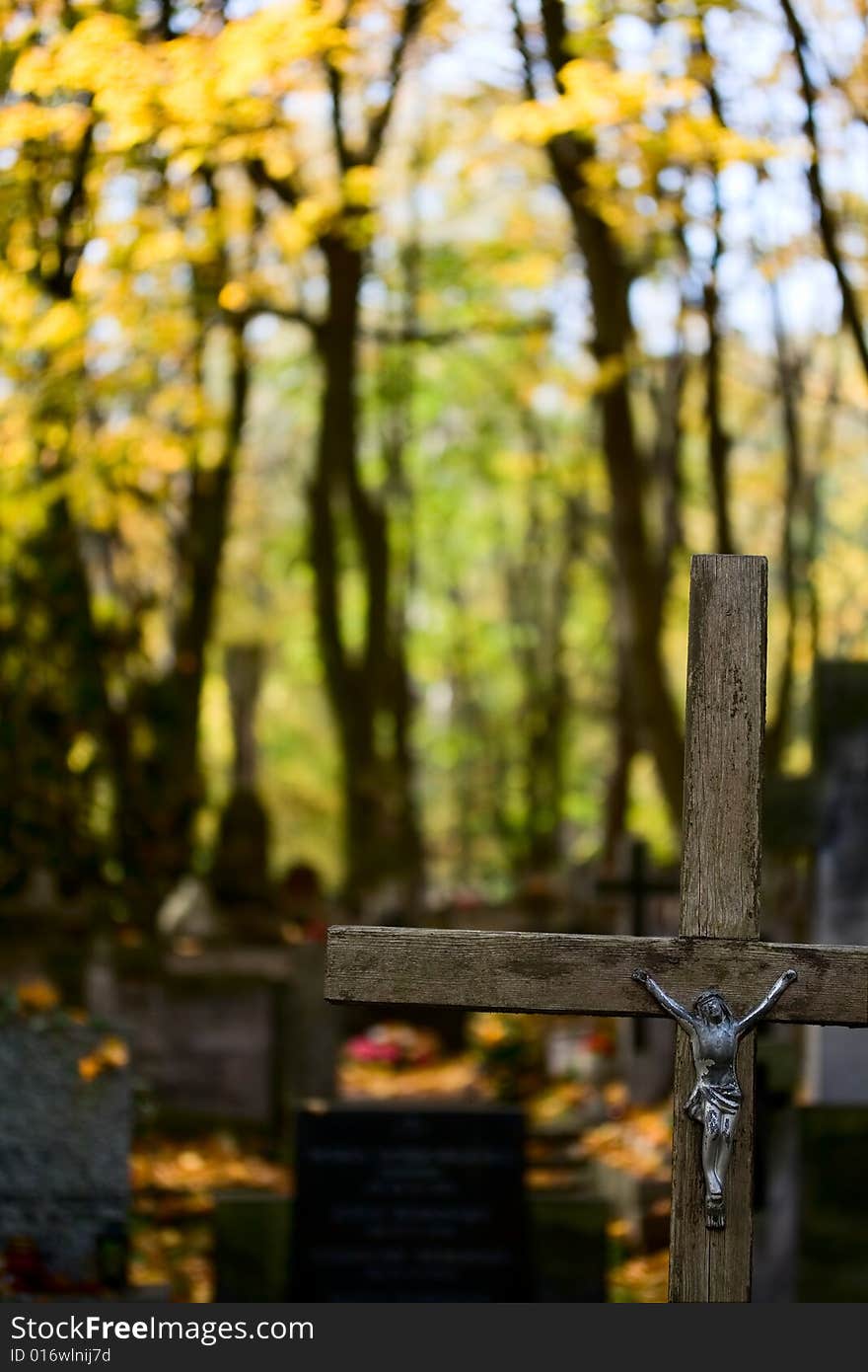 Christ on the cross with cemetery background. Christ on the cross with cemetery background