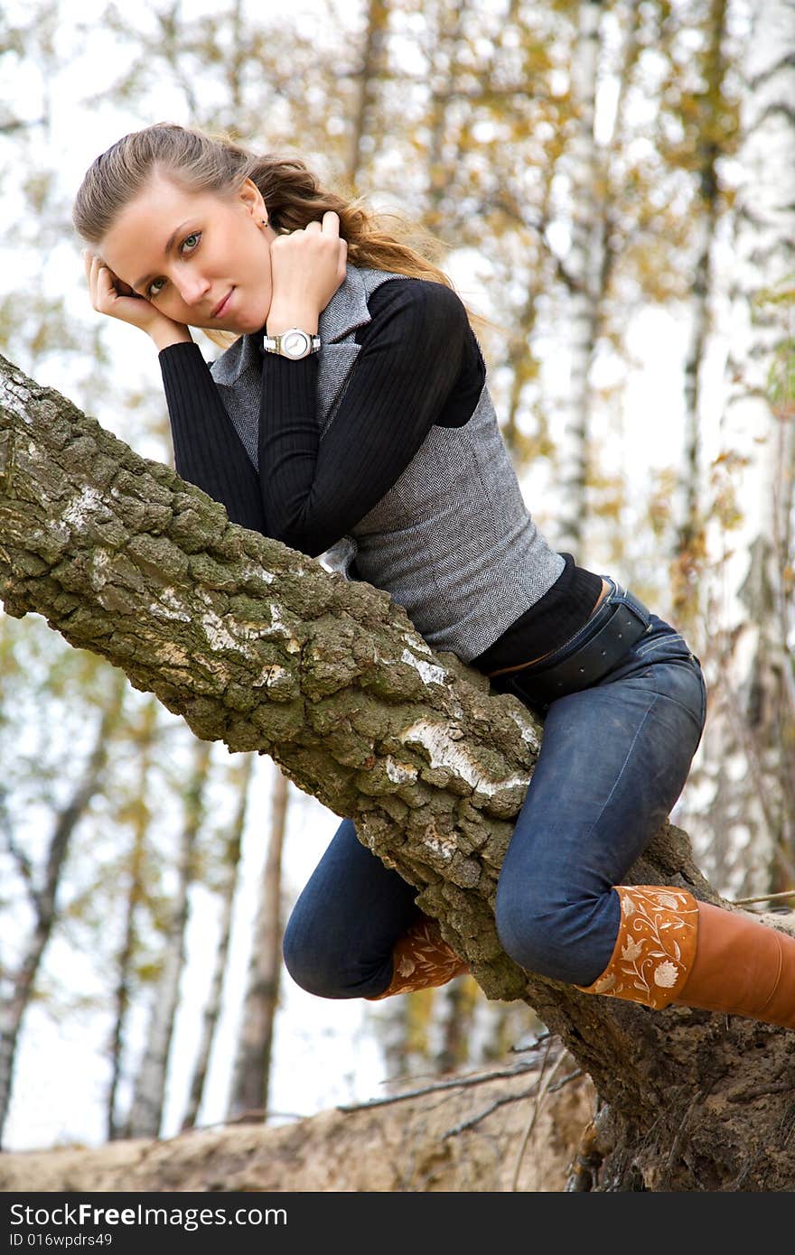 Young adult girl is sitting on birch trunk in autumnal park. Young adult girl is sitting on birch trunk in autumnal park