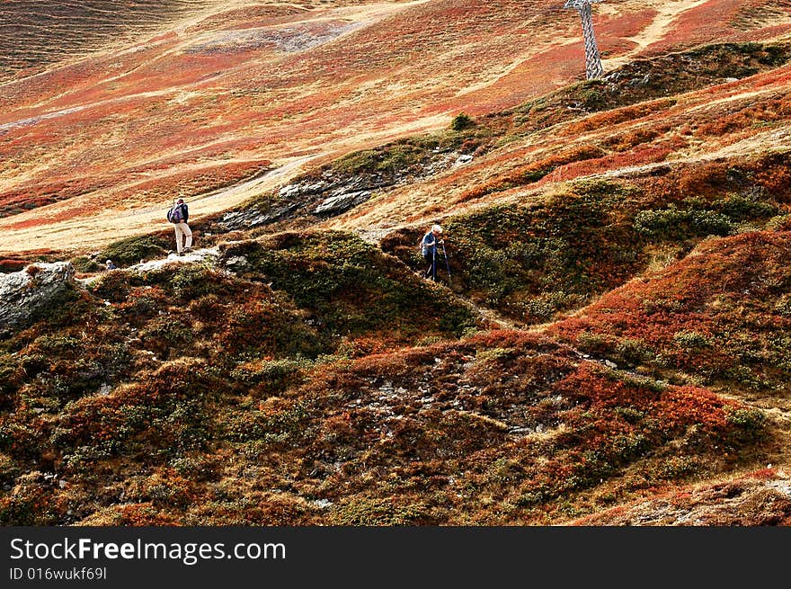 In the way of hiking from Maennlichen to KleinScheidegg at Swiss Alps.