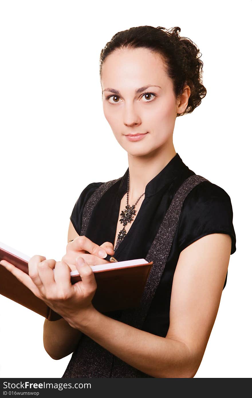 Young woman with a diary on white background. Young woman with a diary on white background