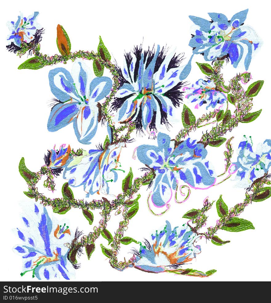 Hand drawn flowers of different shades of blue on a green vine. Hand drawn flowers of different shades of blue on a green vine